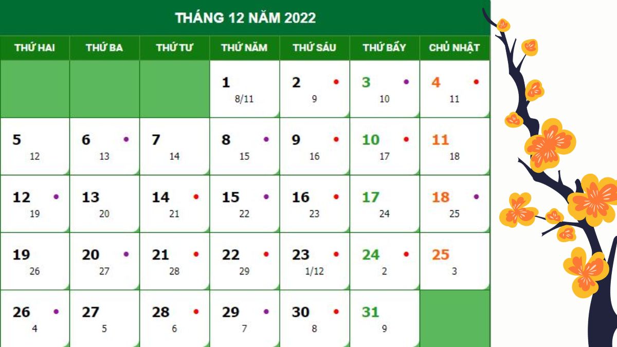 Tháng 12 có bao nhiêu ngày? Xem lịch âm dương tháng 12/2022