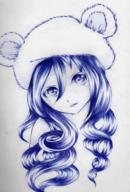 Tranh vẽ anime bút bi xanh